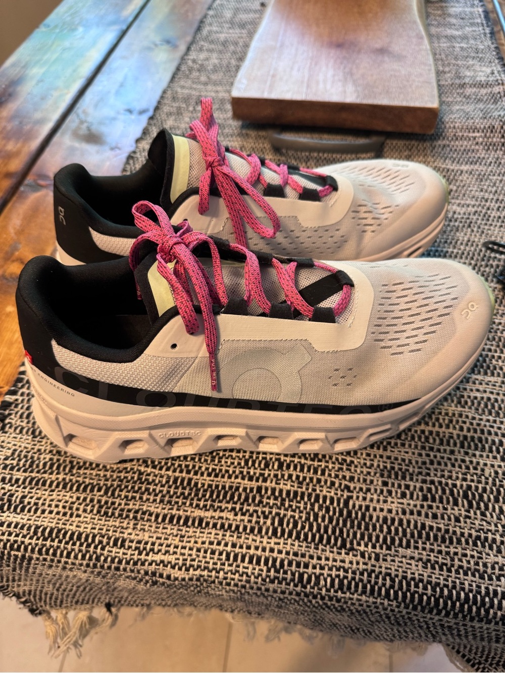 On Running mens Cloud Monster White Sneakers with Pink Laces